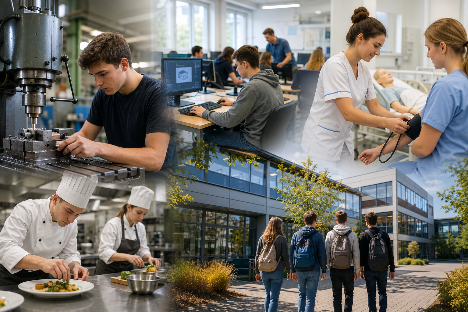 Collage mit jungen Menschen in Werkstatt, IT, Pflege, Küche und auf einem modernen Schulcampus.
