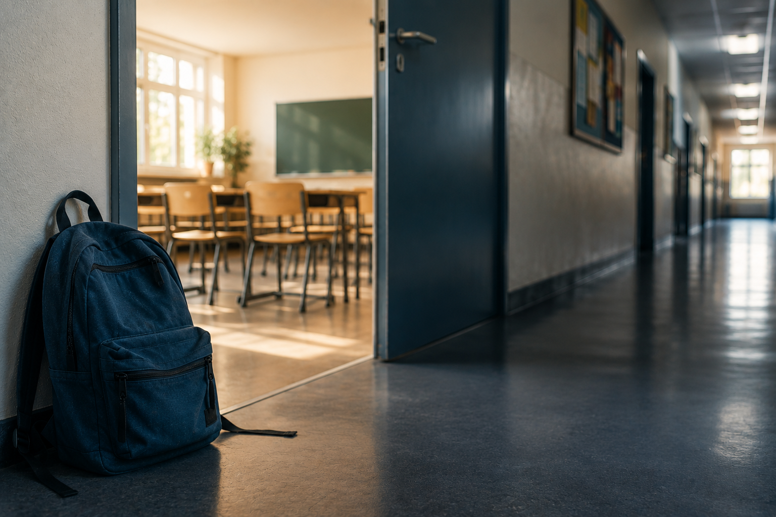 Verlassener Schulflur mit einem Schulranzen vor einem offenen Klassenzimmer als Symbol für Schulabsentismus.