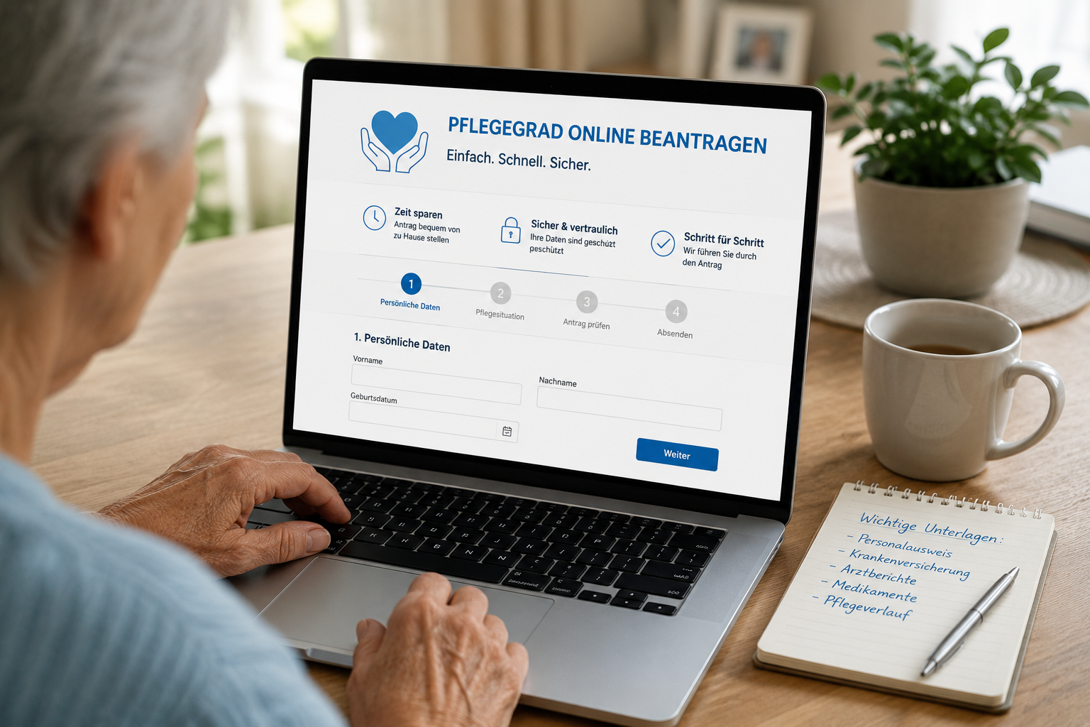 Ältere Person sitzt zu Hause am Laptop und informiert sich über die Online-Beantragung eines Pflegegrades.