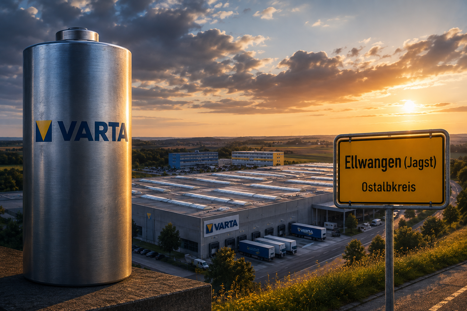 Symbolbild zur Zukunft der VARTA AG mit Batterie, Produktionsstandort und Bezug zum Ostalbkreis.