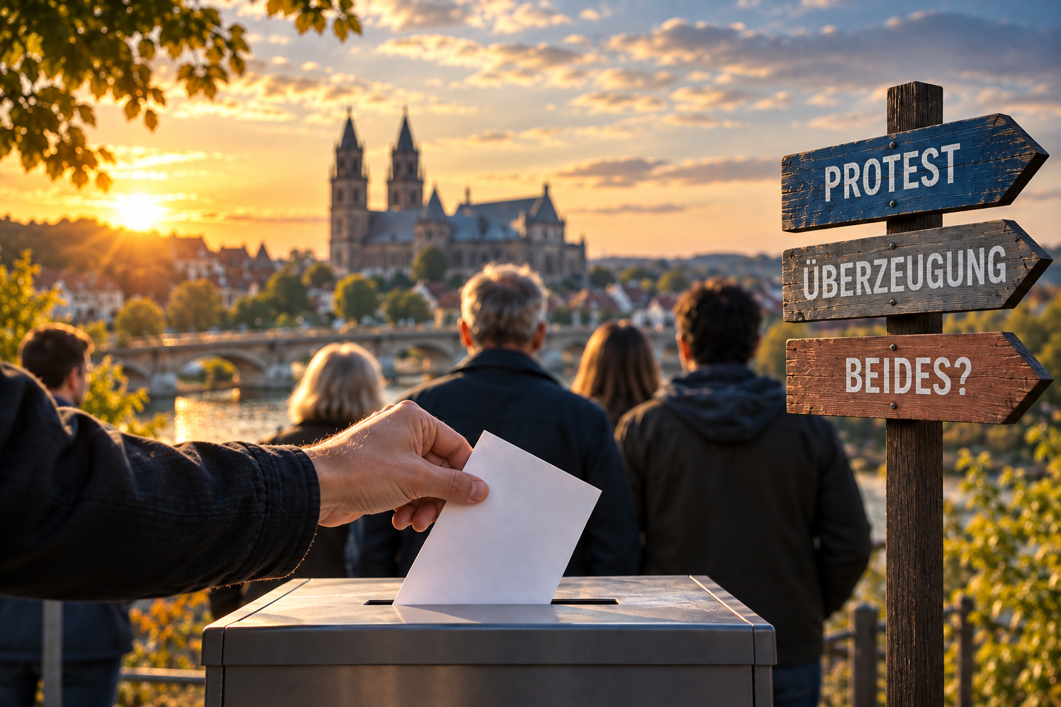 Symbolbild einer Wahlurne mit Stimmzettel und drei hölzernen Wegweisern mit den Begriffen Protest, Überzeugung und Beides.