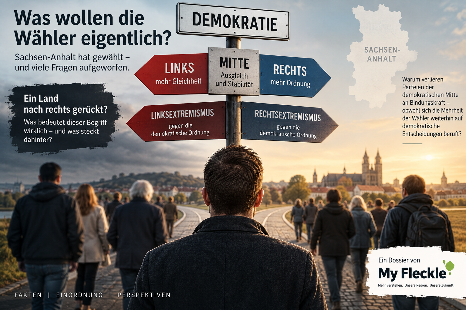Illustration eines politischen Wegweisers mit den Begriffen Demokratie, links, Mitte, rechts, Linksextremismus und Rechtsextremismus vor dem Hintergrund einer Wahl in Sachsen-Anhalt.